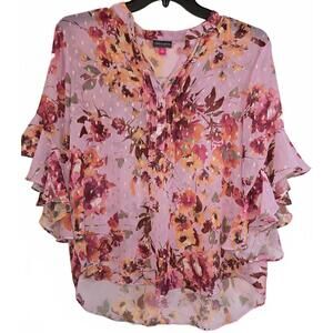 Vince Camuto XL Floral Ruffle Sleeve Sheer Blouse